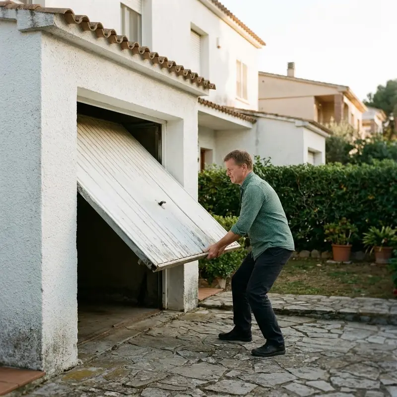 Hombre de unos cincuenta años levantando a mano una puerta basculante antigua en el garaje de su casa con jardín