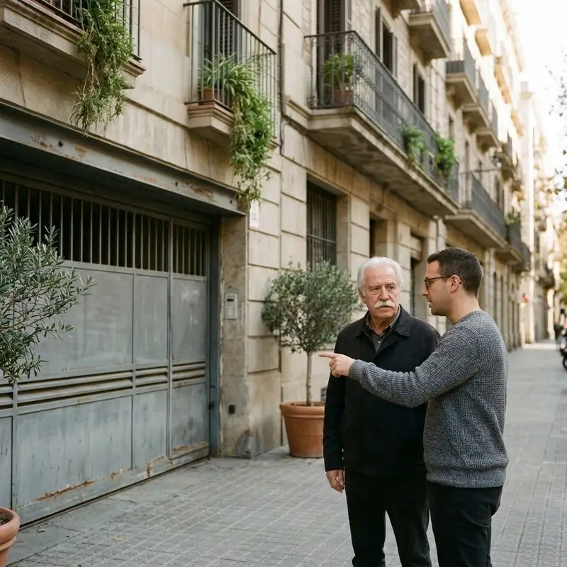 Dos vecinos de distintas edades hablando delante de la puerta corredera metálica de la entrada al aparcamiento de su edificio