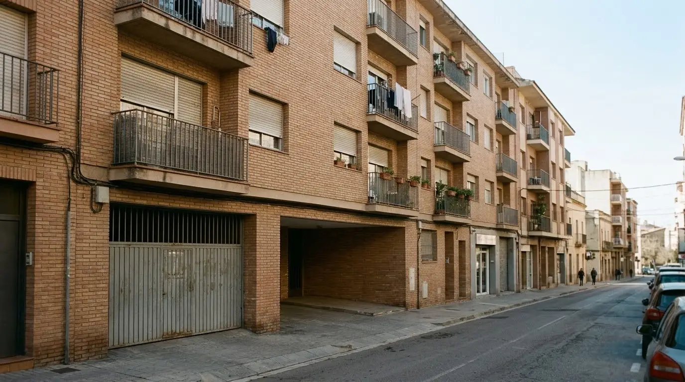 Calle de una ciudad catalana de interior con edificios de pisos de ladrillo y la entrada al aparcamiento comunitario con una puerta corredera metálica, a media mañana