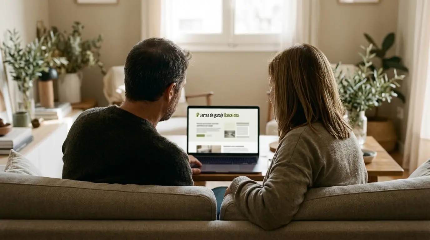 Pareja de unos cuarenta y cinco años sentada en el sofá de su salón mirando en el portátil la web de Puertas de garaje Barcelona
