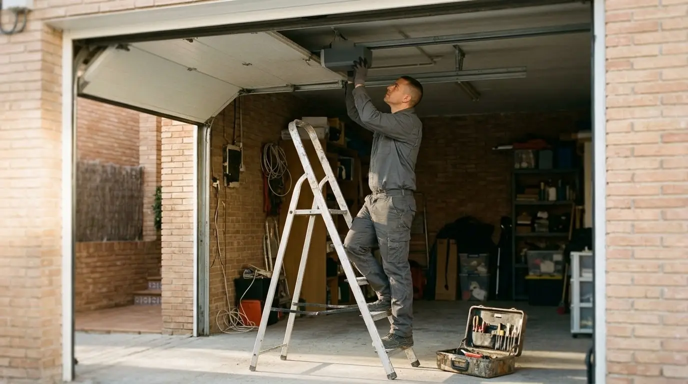 Técnico de unos treinta y cinco años con ropa de trabajo gris lisa revisando el motor de techo de una puerta seccional desde una escalera dentro de un garaje