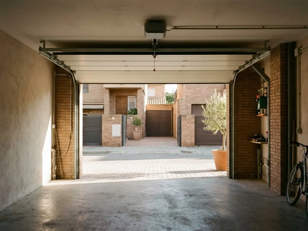Interior de un garaje con una puerta seccional abierta recogida bajo el techo, con sus guías laterales y el motor de techo a la vista