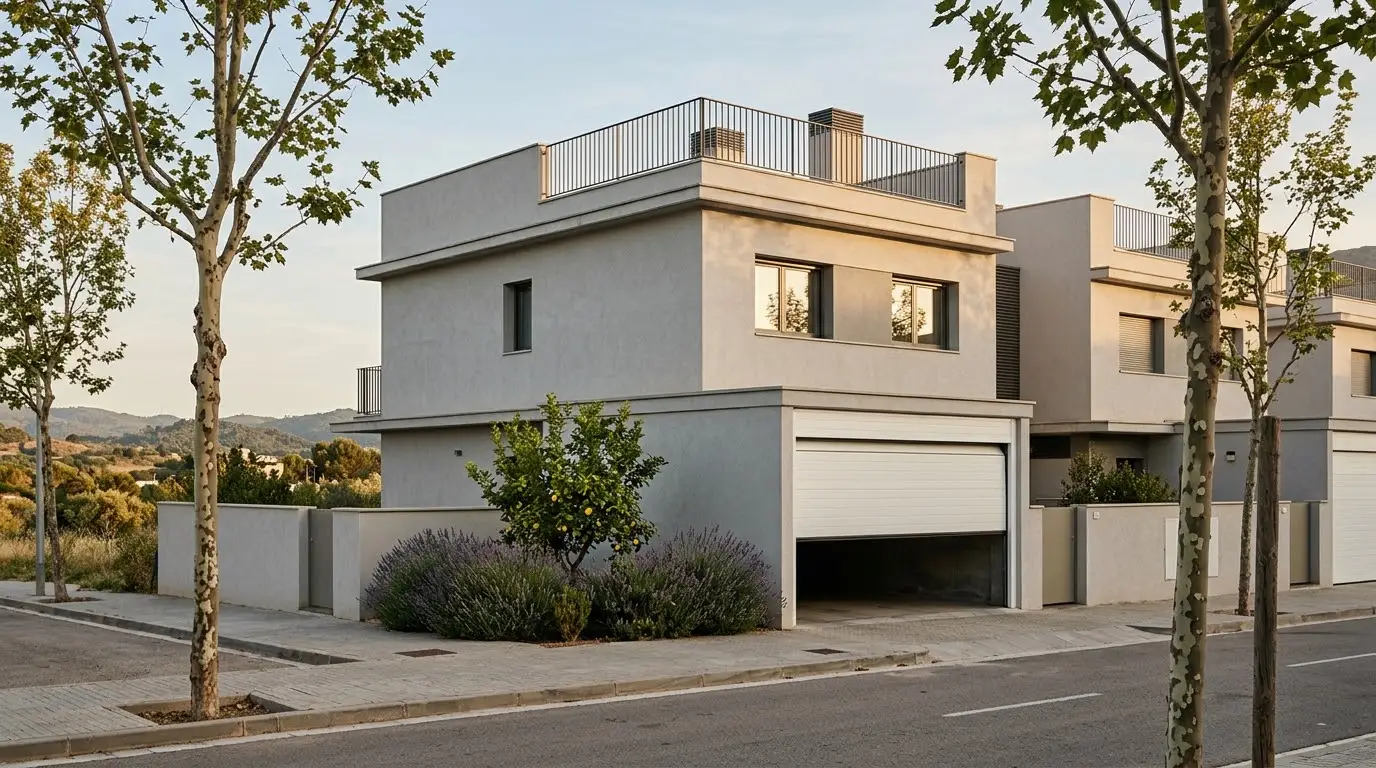 Puerta seccional blanca de panel sándwich subiendo en el garaje de una casa pareada con jardín delantero en una urbanización del Vallès