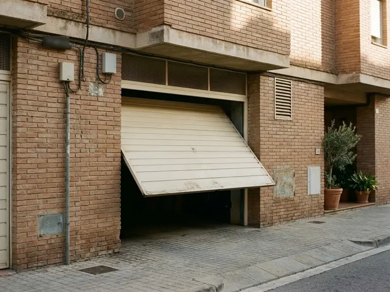 Puerta basculante metálica de color crema a medio abrir en la entrada del garaje de un edificio de pisos, vista desde la acera