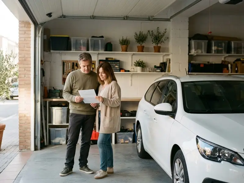 Pareja de unos cuarenta años mirando juntos un presupuesto en papel de pie junto a su coche dentro de un garaje