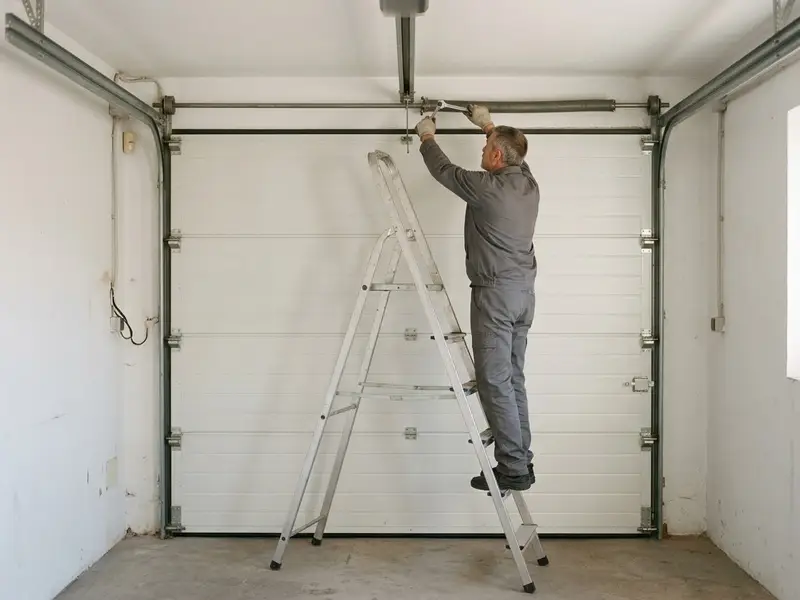 Técnico con ropa de trabajo gris ajustando con una llave el muelle de una puerta de garaje desde una escalera