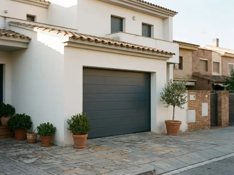 Puerta seccional de color gris antracita cerrada en el garaje de una casa unifamiliar moderna con un camino de entrada de adoquines